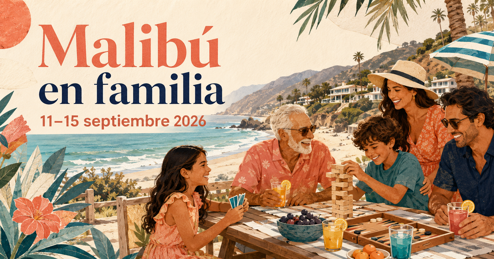 Familia disfrutando comida, bebidas y juegos frente al mar en Malibú